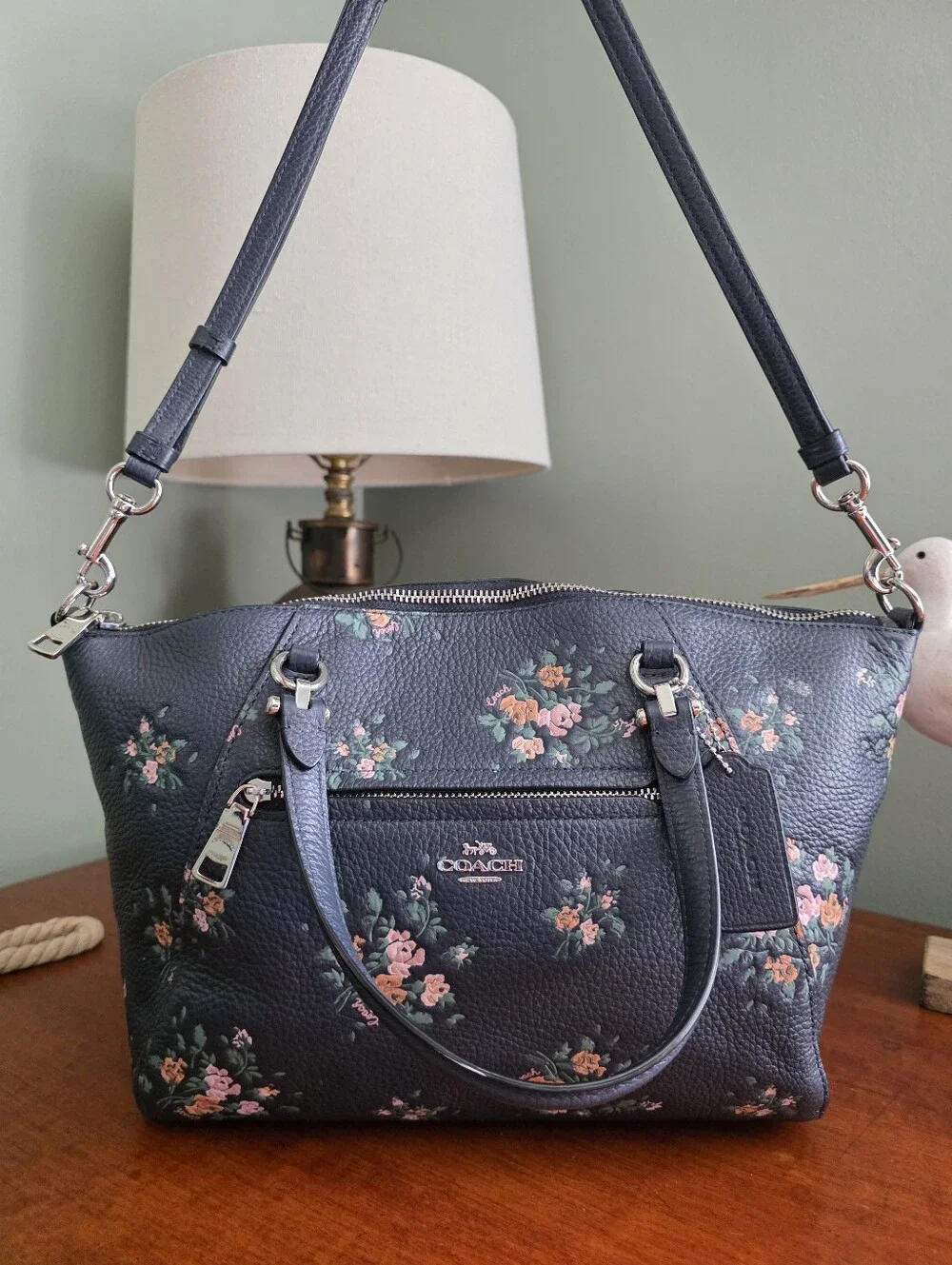 Coach 91603 Prairie Satchel Rose Bouquet Navy Pebbled Leather Crossbody Bag